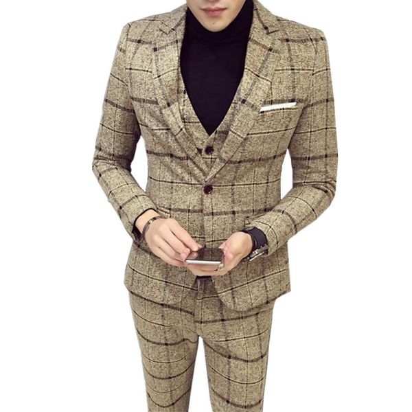 

men's suits & blazers 2021 autumn winter coat pants vest 3 pieces set / high end plus size plaid casual designer dress, White;black