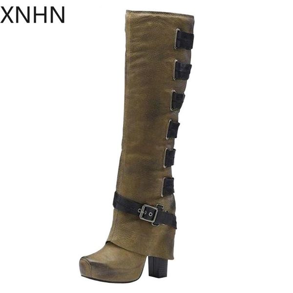 

women's buckle knee bare boots square high heel casual long tube punk, Black