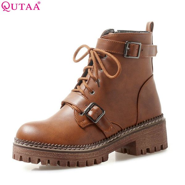 

qutaa 2020 women ankle boots winter shoes platform all match zipper square heel elegant women shoes women boots big size 34-43 1026, Black