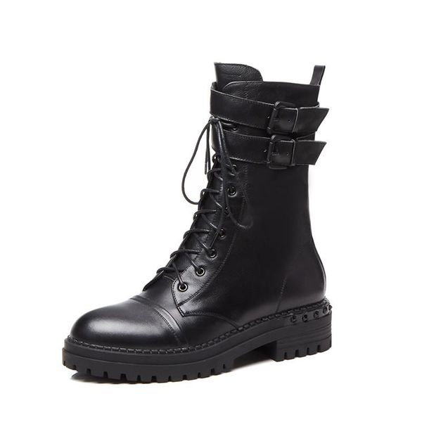 

dilalula brand quality real leather boots women chunky heels lace up buckle leather ladies casual boots shoes woman, Black