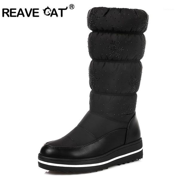 

boots reave cat warm woman snow winter mid-calf botas down+pu shoes cystal elastic band plush mixed color a2061, Black