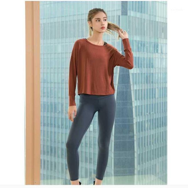 

women's brick red running sport long sleeve smock solid color casual yoga t-shirt loose slit running fitness clothes, White;red