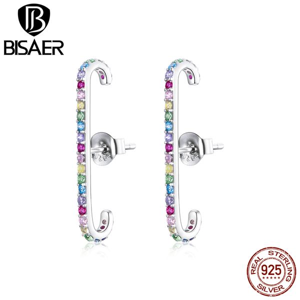 

bisaer 925 sterling silver colorful rainbow round stud for women cz circle fine earrings jewelry brincos gift efe465 q1219, Golden;silver