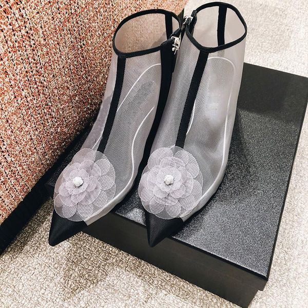 

summer wild flower sandals breathable net boots mid-heel thick heels stitching pointed short boots women1, Black