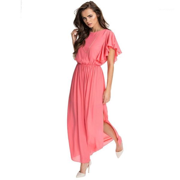 

wholesale- women a-line long dress o-neck short sleeve side slit plus size chiffon coral maxi dresses new fashion1, White;black