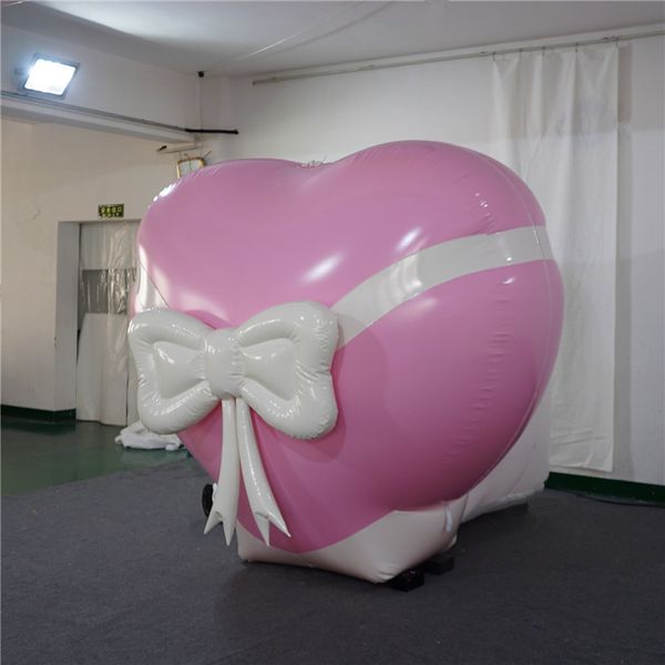 Logotipo de impressão grátis Coração de balão inflável rosa com luz LED e ventilador para decoração de palco de casamento