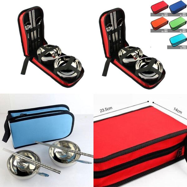 

stainless steel double person tableware set travel outdoors picnic dinnerware kit fold dinner service suit portable 12 8lm j1