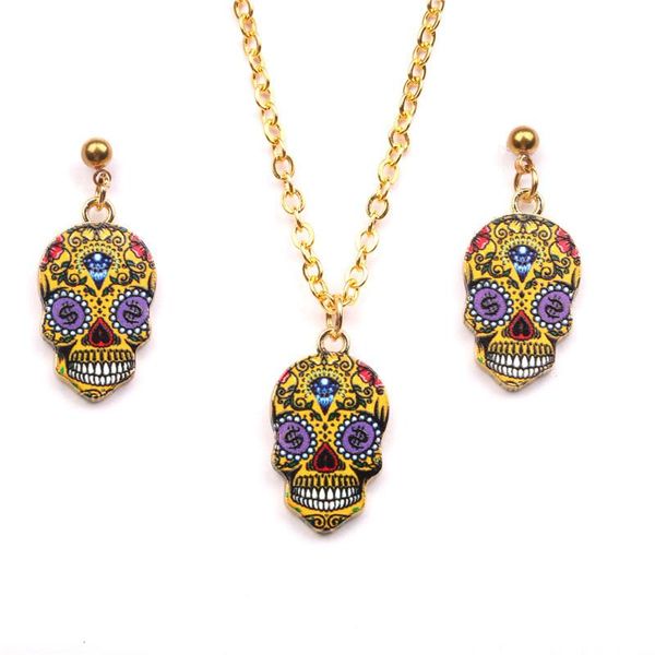

Western Holloween Enamel Skull Stamp Earrings and Necklace Masquerade Fashion Punk Jewelry Set, Silver