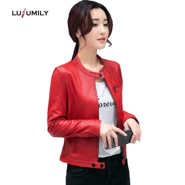 

lusumily autumn women leather jacket 2020 new plus size 3xl soft faux leather coat long sleeve slim zipper moto ladies outwear1, Black