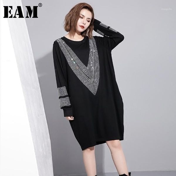 

eam] 2020 spring round neck long sleeve solid color black diamoned loose big size dress women fashion tide jc332011, Black;gray
