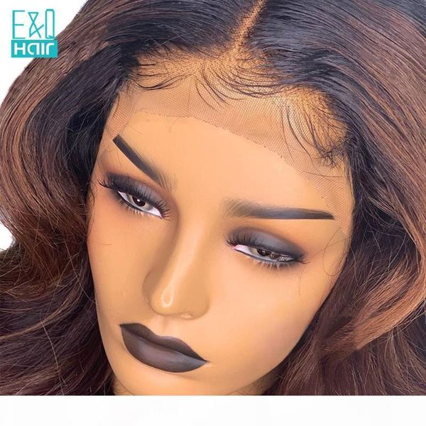 

180% lace front human hair wigs for women pre plucked brazilian remy body wave ombre brown lace part front wig bleached knots, Black;brown