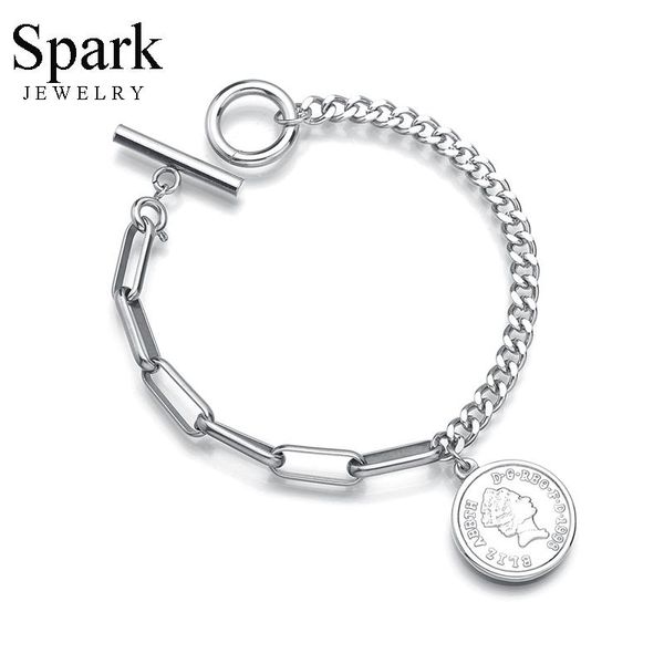 

spark noble majesty elizabeth medal charm bracelet adjustable stainless steel chain bracelets for women girls souvenir pulseras, Golden;silver