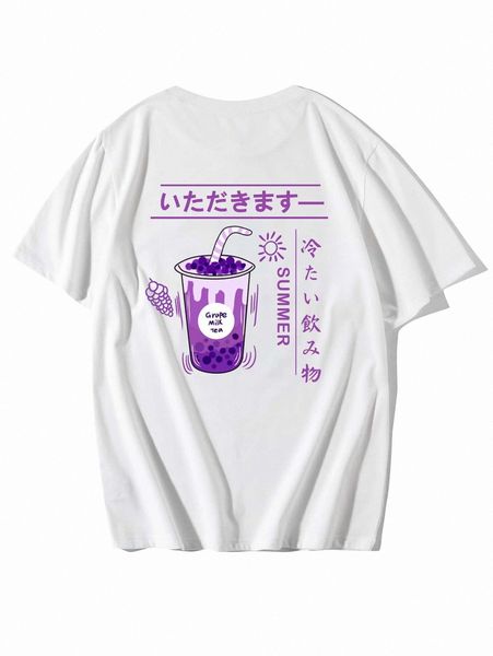 

men japanese letter and grapes print tee e2iy#, White;black