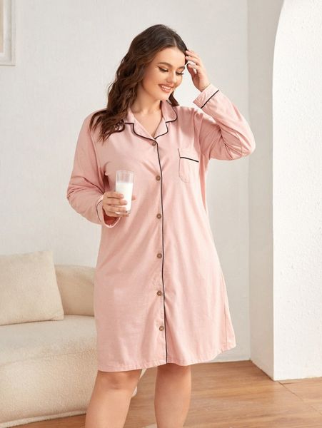 

plus contrast piping pocket front night dress 45zo#, Black;white