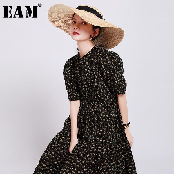 

[eam] women pattern printed long elegant dress new round neck short puff sleeve loose fit fashion tide spring summer 2020 1u785, White;black