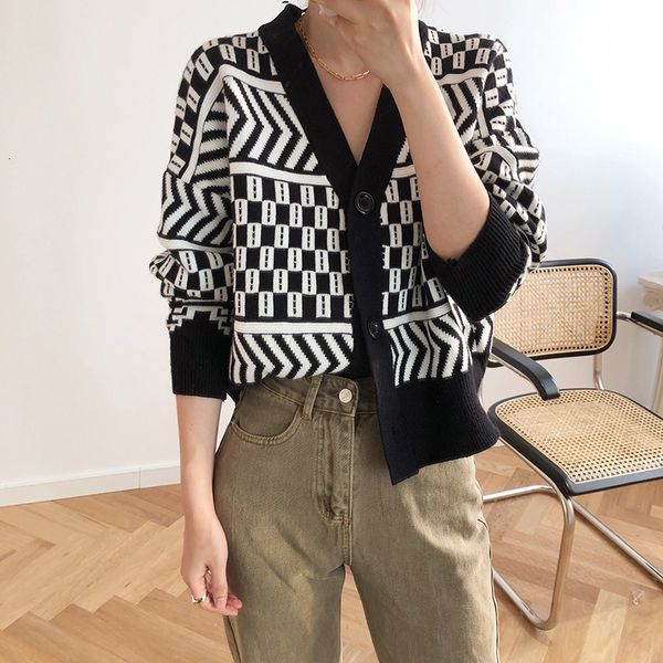 

2021 new spring cardigans knitted single button long sleeve v-neck sweater black white striped women clothes y7cz, White;black