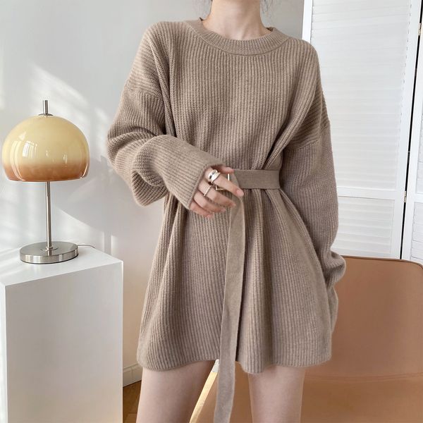 

new 2021 spring o-neck with belt loose style knitted sweater casual women long pullovers pull femme teji, White
