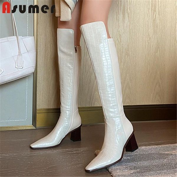 

asumer 2021 new arrive knee high boots women stretch pu pointed toe zip high heel casual party shoes women boots black1, Black