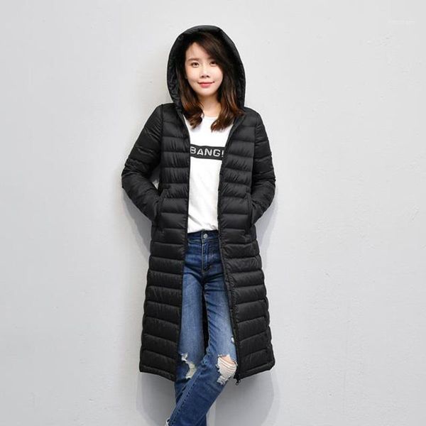 

fyyiyi 2019 korean thin light long down jackets office lady white duck down 90% women's hooded autumn winter slim coats selling1, Black