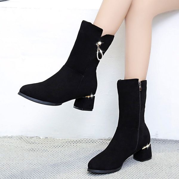 Venda quente-nova chega inverno botas de outono para mulher vestido sapatos de salto alto feminino mid bezerro botas negras atacado senhoras tornozelo