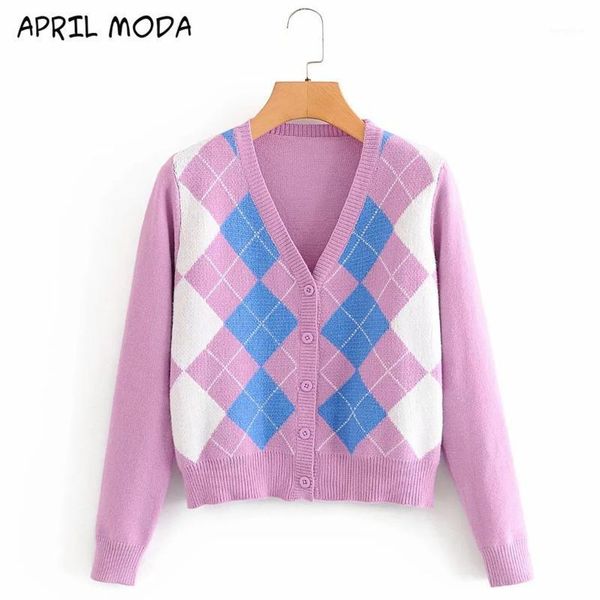 

plaid knitted ladies cardigans sweater v neck long sleeve autumn winter sweater women england style knitwear outerwear 2020 new1, White