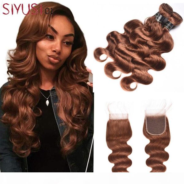 

#30 light auburn brown brazilian hair body wave 3 4 bundles with closure 9a grade unprocessed virgin brazilian human hair weave with closure, Black