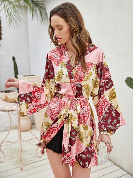 

rusttydustty paisley & scarf print belted kimono b4sd#, White;black