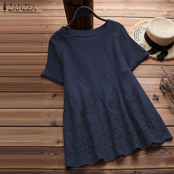 

zanzea summer o neck short sleeve solid loose cotton linen casual women hollow out ruffles blouse femme shirt blusas y200622, White