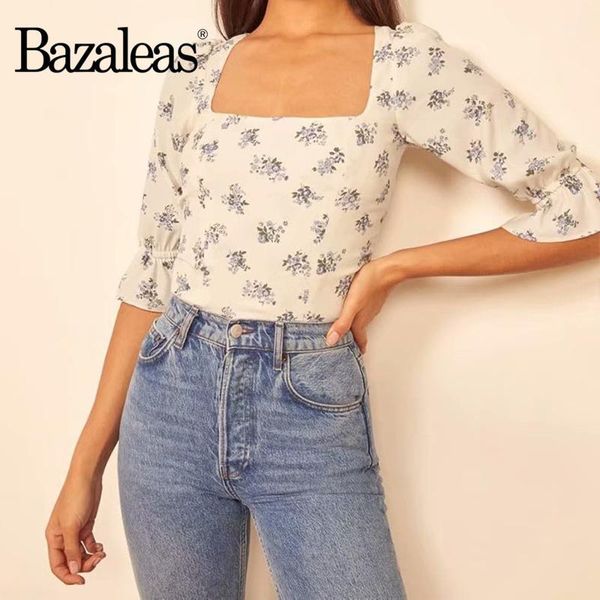 

bazaleas chic purple floral print mujer fashion flare half sleeve blouse women harajuku slim shirt vintage elastic blouse1, White