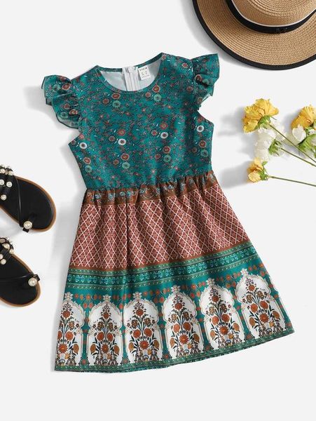 

toddler girls floral & geo print ruffle trim dress she, Red;yellow