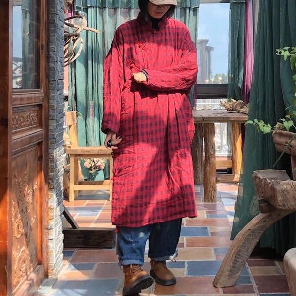 

johnature women warm cotton red plaid parkas o-neck long sleeve robes 2021 winter new loose retro women vintage parkas, Black