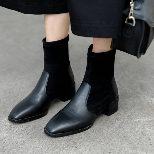 

boots genuine leather high heels for women pointed toe black autumn winter shoes slip on elastic band bottes femme