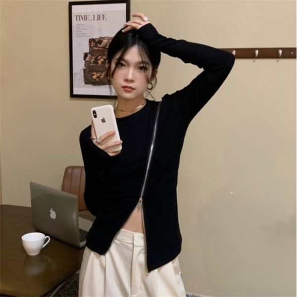 

2021 spring new hanfeng solid color versatile slim zipper round neck long sleeve t-shirt 33947, Black;brown