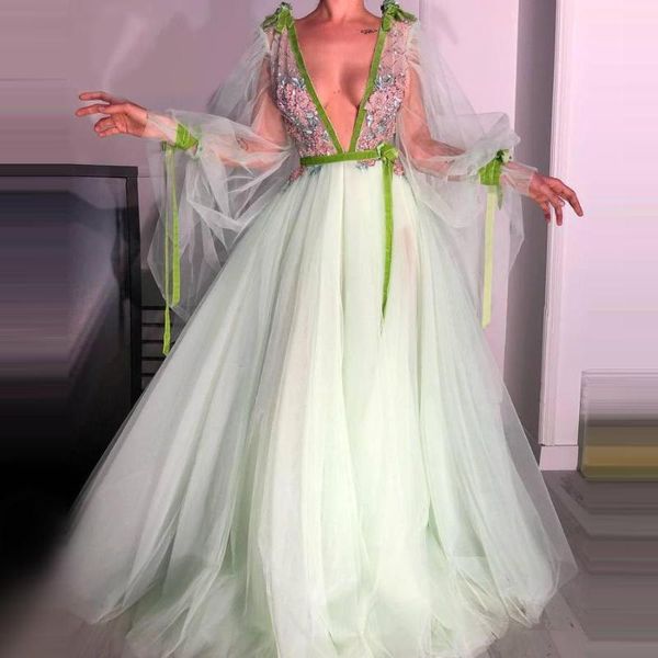 Partykleider Mintfarbenes Tüll-Spitzenkleid mit V-Ausschnitt, durchsichtiges, langärmliges A-Linien-Abendkleid, sexy Blumen-Chic