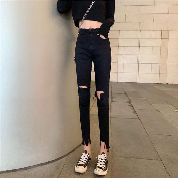 

women's jeans 2021 women denim skinny ripped pants high waist stretch destroy out slim pencil trousers fashion street clothes l259, Blue