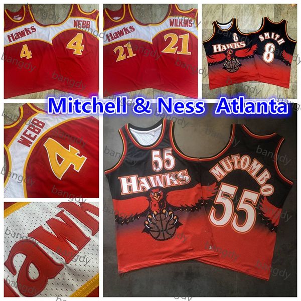 

mitchell&ness basketball mens trae 11 young jersey dikembe 55 mutombo 8 smith spud 4 webb mesh 1986-87 vintage mesh embroidery eagle shirts, Black;red