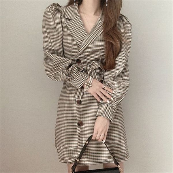 

2021 new 2021 early spring new retro double-breasted plaid lapel dress mmq1, Black;gray