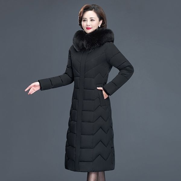 

x-long women's wintet jackets hooded plus size female parkas with fur collar office ladies slim cotton padded thick coat outwear 201125, Black