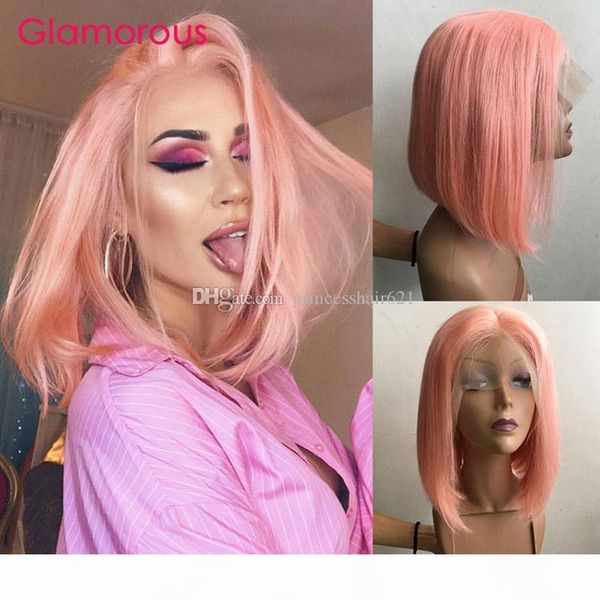 

розовый боб парик 150 плотность короткие фронта шнурка человеческих волос парики для женщин pre-цветные парики боб бразильский straight remy, Black;brown