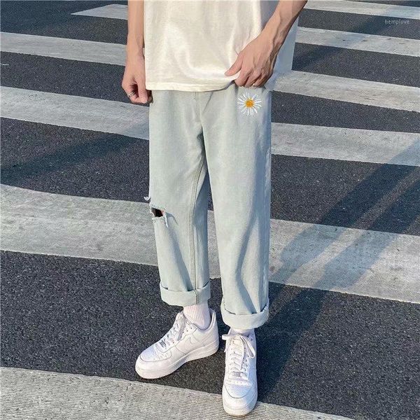 

bleached blue jeans pants man japanese harajuku streetwear plus size denim baggy jeans trousers embroidery ripped mens1