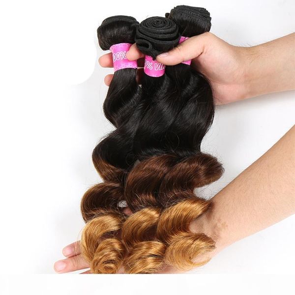

brazilian 1b 4 30 loose wave virgin hair extention bundles with closure ombre three tone human hair 3 bundles with 4*4 lace closure, Black;brown
