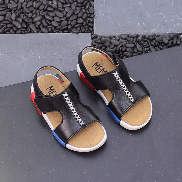 

sandals childrens boys genuine leather kids exposed toe black white summer shoes casual beach eur 21-30#, Black;red
