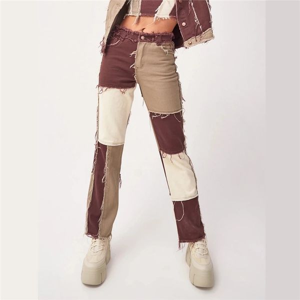

autumn patchwork high waist straight denim pants women casual skinny ripped jeans capris pocket long trousers ladies streetwear, Blue