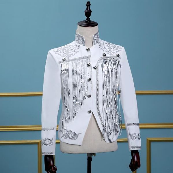 

men's suits & blazers tassel men blazer designs masculino terno stage costumes for singers sequin dance clothes jacket dress black whit, White;black