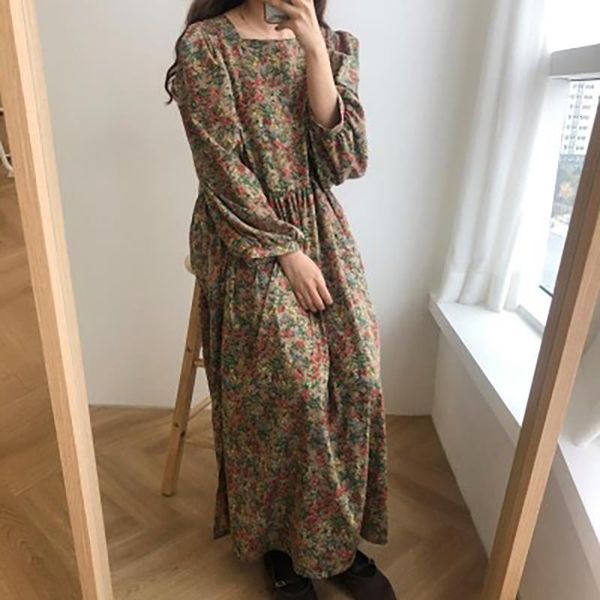 

puff long sleeve dress floral chiffon midi vintage robe longue spring korean runway flower harajuku vestido casual boho chic, Black;gray