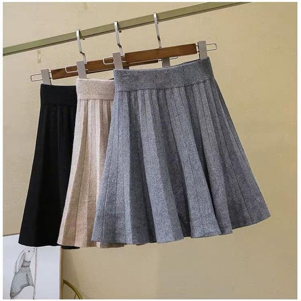 

knitted skirt short skirt autumn korean women elastic waist pleated puffy short small umbrella wool, Black