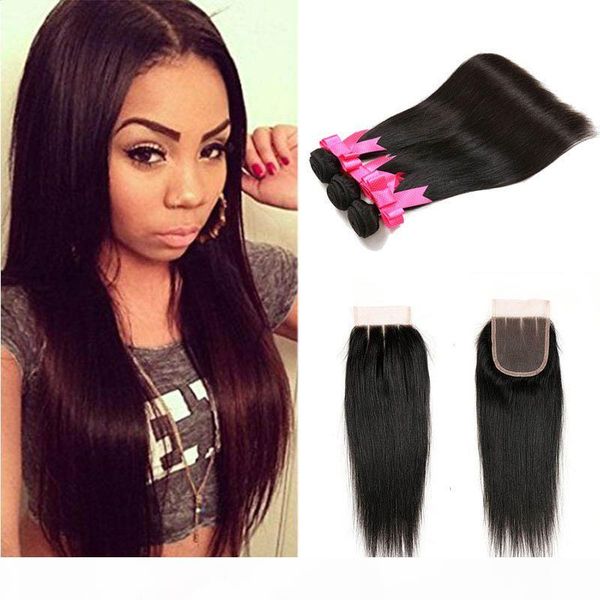 

brazilian virgin hair weave 3 bundles with 4x4 lace closure unprocessed malaysian peruvian straight human hair weaves natural color, Black
