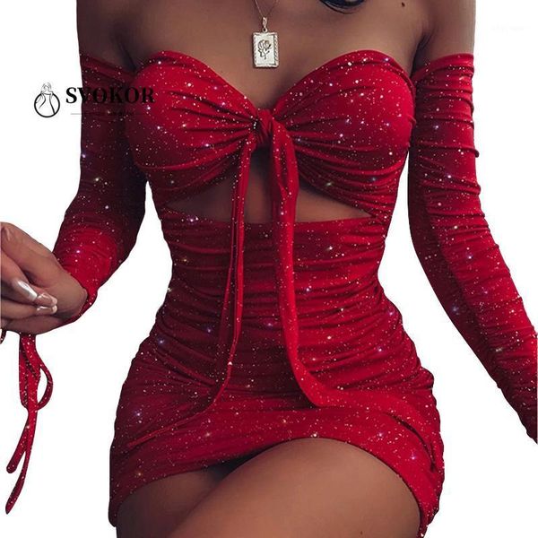 

svokor shiny drawstring strapless dress women hollow out summer dress 2020 party club clothes women bodycon1, Black;gray