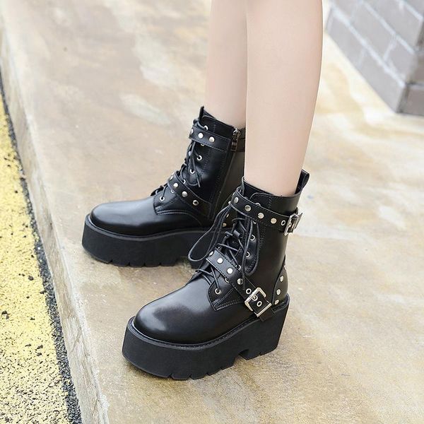 

fashion new punk gothic style lace up belts round toe boots women shoes short boots street haulage motor mujer zapatos ymb257, Black