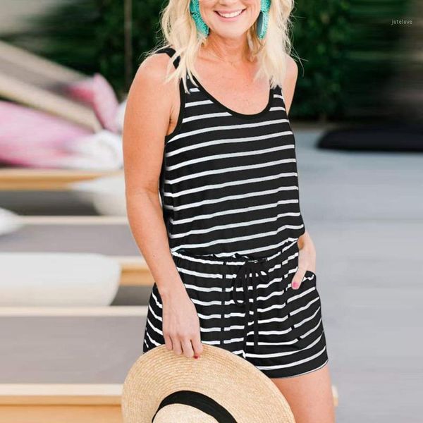 

womail bodysuit women summer sleeveless strappy short playsuits striped cami belt romper jumpsuit loose fashion1, Black;white
